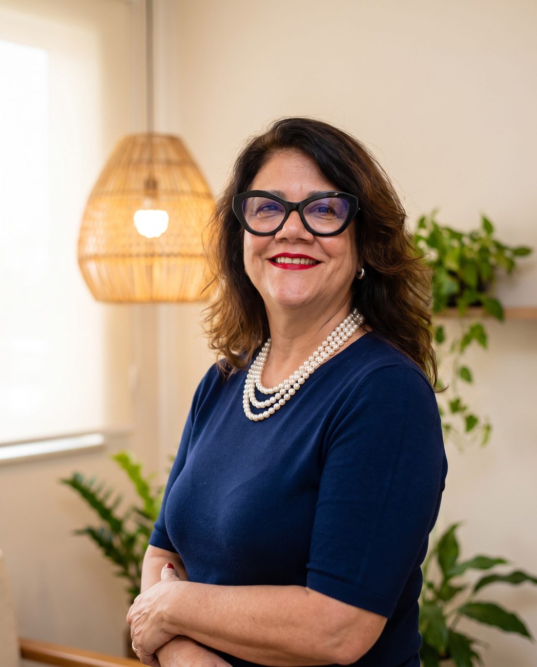 Ana Cristina, terapeuta integrativa, sorrindo de braços cruzados